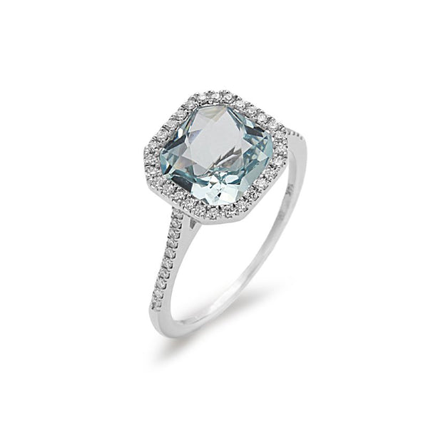 14K White Gold Diamond & Aquamarine Halo Ring