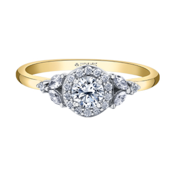 18K Yellow & White Gold .524ctw Canadian Diamond Halo Ring w Side Stones