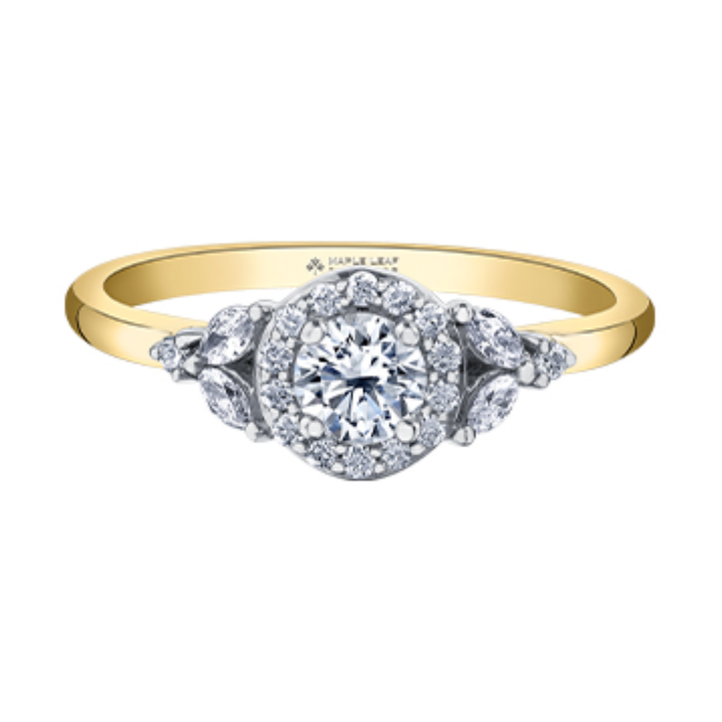 18K Yellow & White Gold .524ctw Canadian Diamond Halo Ring w Side Stones