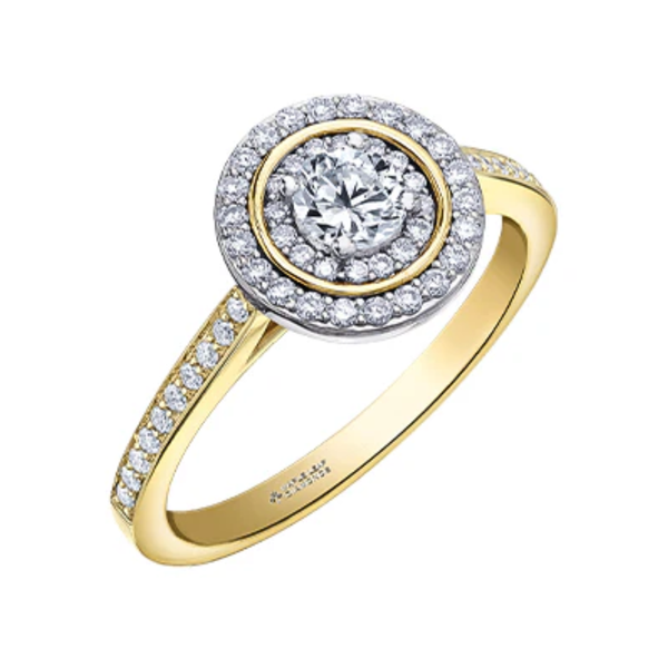 14K Yellow & White Gold .59ctw Canadian Diamond Double Halo Ring w Channel Sides