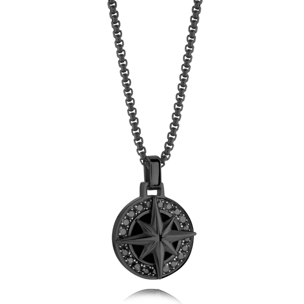 Italgem Black Studded North Star Compass Pendant Necklace 22"