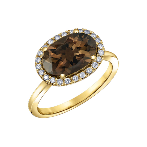 10K Yellow Gold Oval Smokey Quartz &.16ctw Diamond Halo Ring