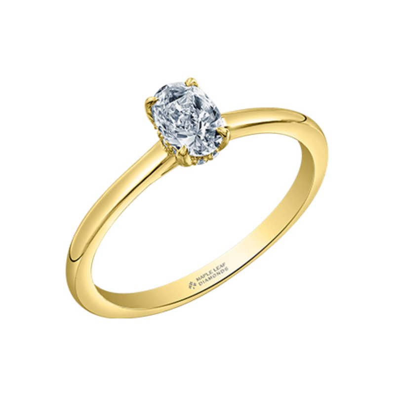 14K Yellow Gold .525ctw Canadian Oval Solitaire Diamond Ring w Hidden Halo