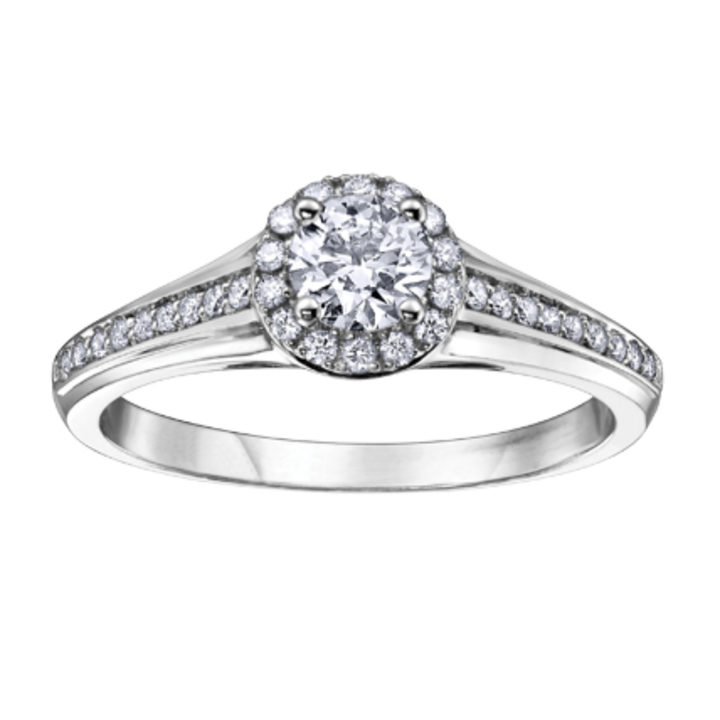 14K White Gold .50ctw Canadian Diamond Halo Ring w Channel Pave Sides