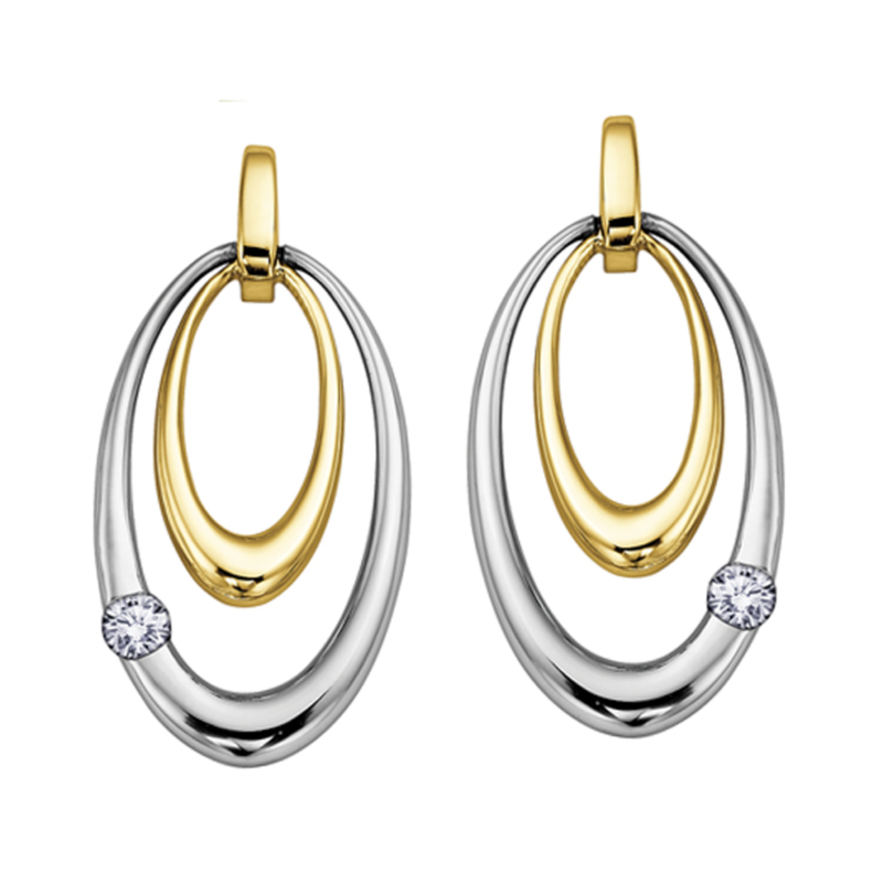10K Yellow & White Gold .088ctw Canadian Diamond Double Oval Dangle Studs
