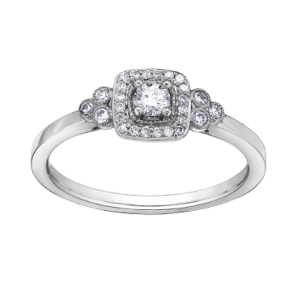 10K White Gold .236ctw Canadian Diamond Halo Ring w Side Accents & MIigrain Detail
