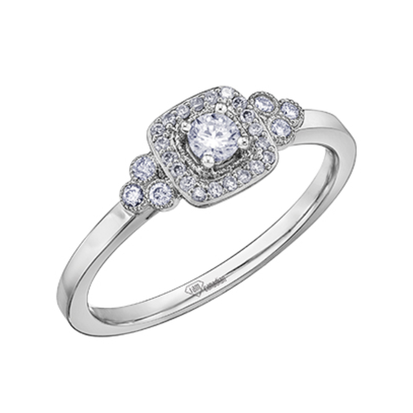 10K White Gold .236ctw Canadian Diamond Halo Ring w Side Accents & MIigrain Detail