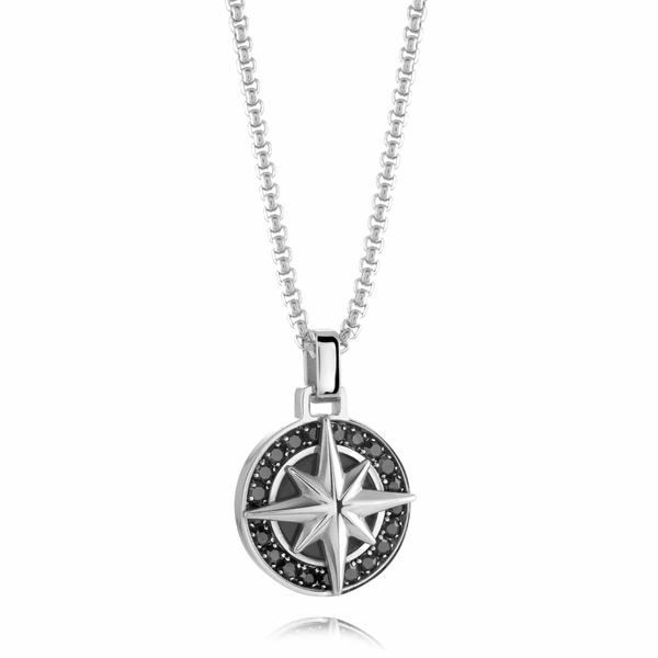 Italgem Silver Studded North Star Compass Pendant Necklace 22"