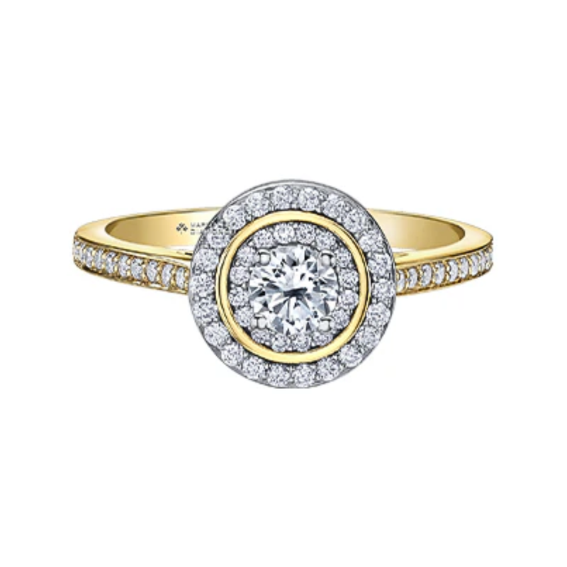 14K Yellow & White Gold .59ctw Canadian Diamond Double Halo Ring w Channel Sides