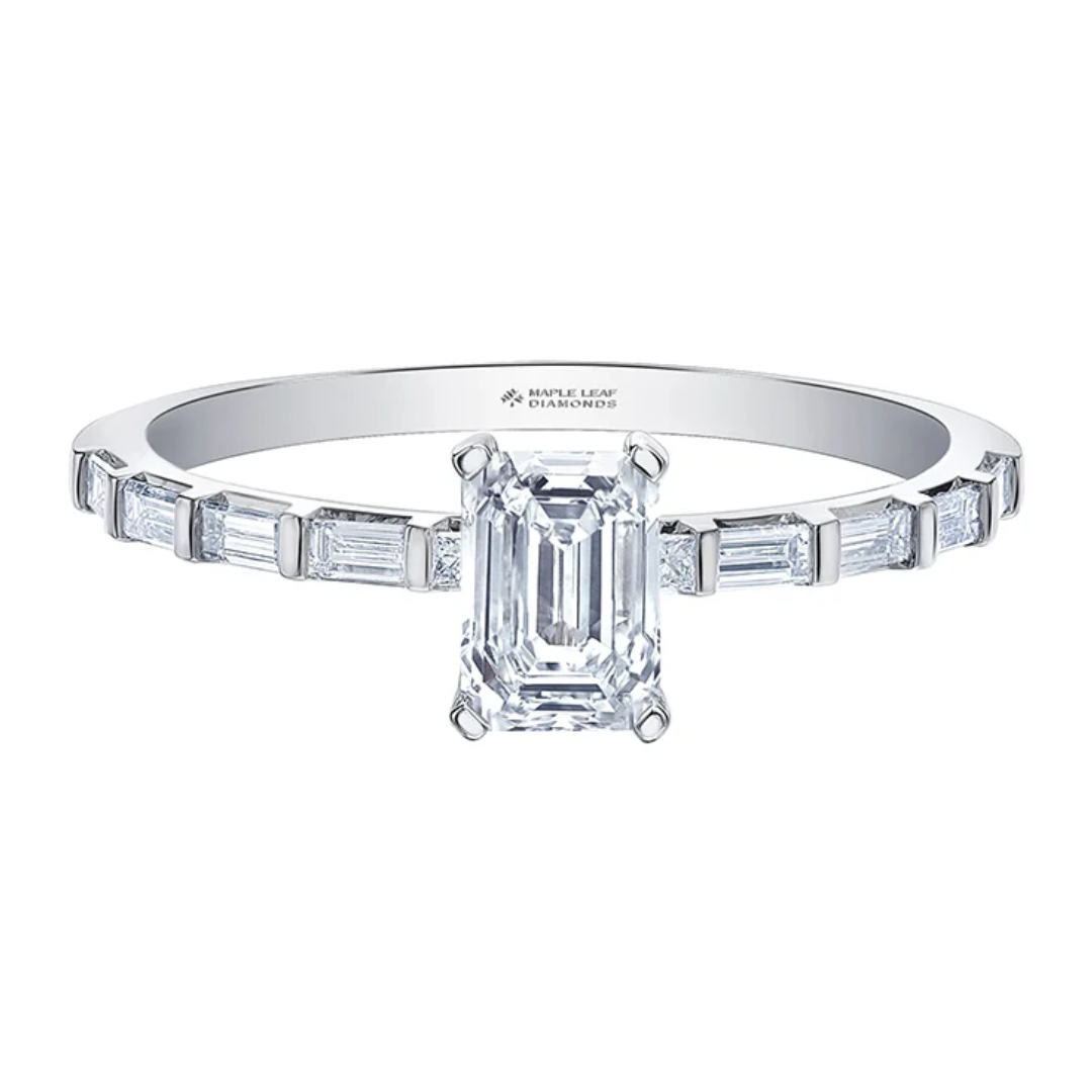 14K White Gold 1.045ctw Canadian Emerald Diamond Ring w Baguette & Princess cut Sides