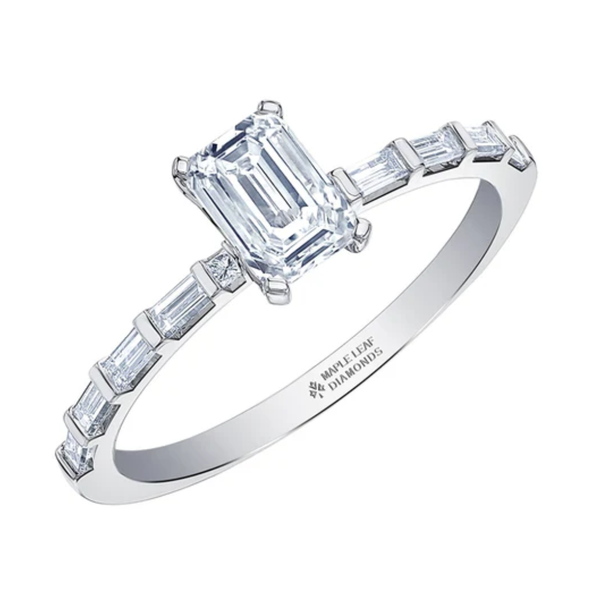 14K White Gold 1.045ctw Canadian Emerald Diamond Ring w Baguette & Princess cut Sides