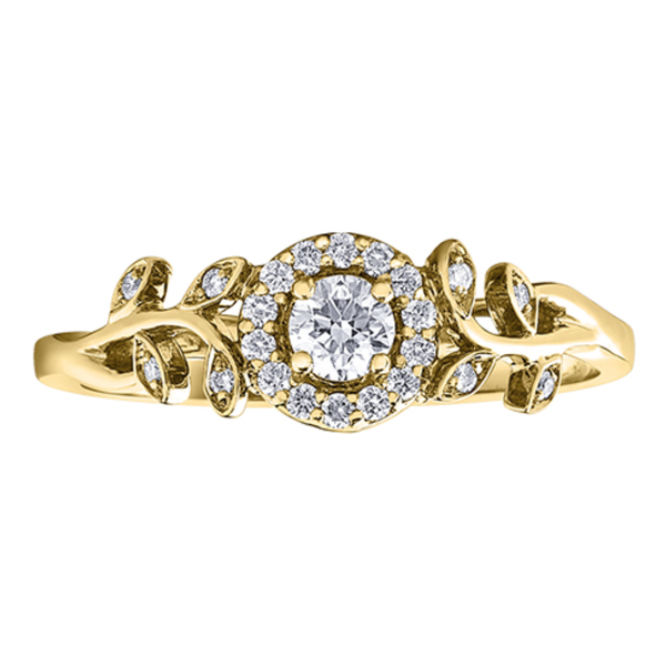 10K Yellow Gold .251ctw Canadian Diamond Halo Ring w Leaf Side Accents