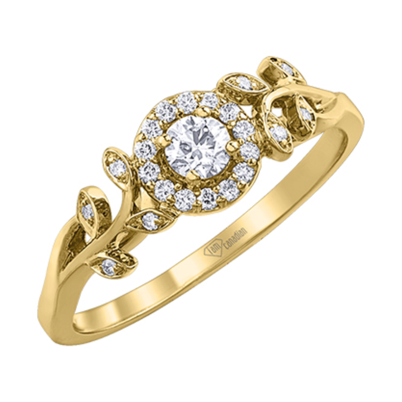 10K Yellow Gold .251ctw Canadian Diamond Halo Ring w Leaf Side Accents