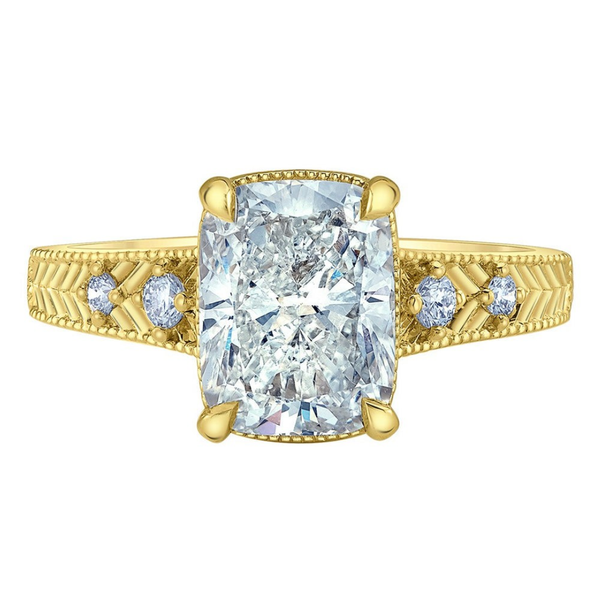 14K Yellow Gold 3.14ctw Lab Cushion Diamond Ring w Milgrain & Side Diamond Accents