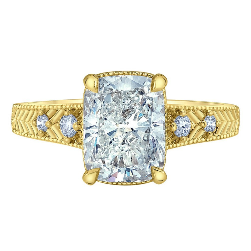 14K Yellow Gold 3.14ctw Lab Cushion Diamond Ring w Milgrain & Side Diamond Accents