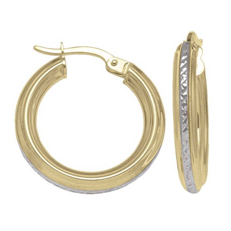 10K Yellow & White Gold Patterned Hoop Earrings