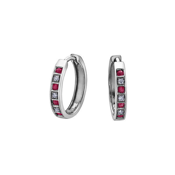 10K White Gold Ruby & Diamond Huggies