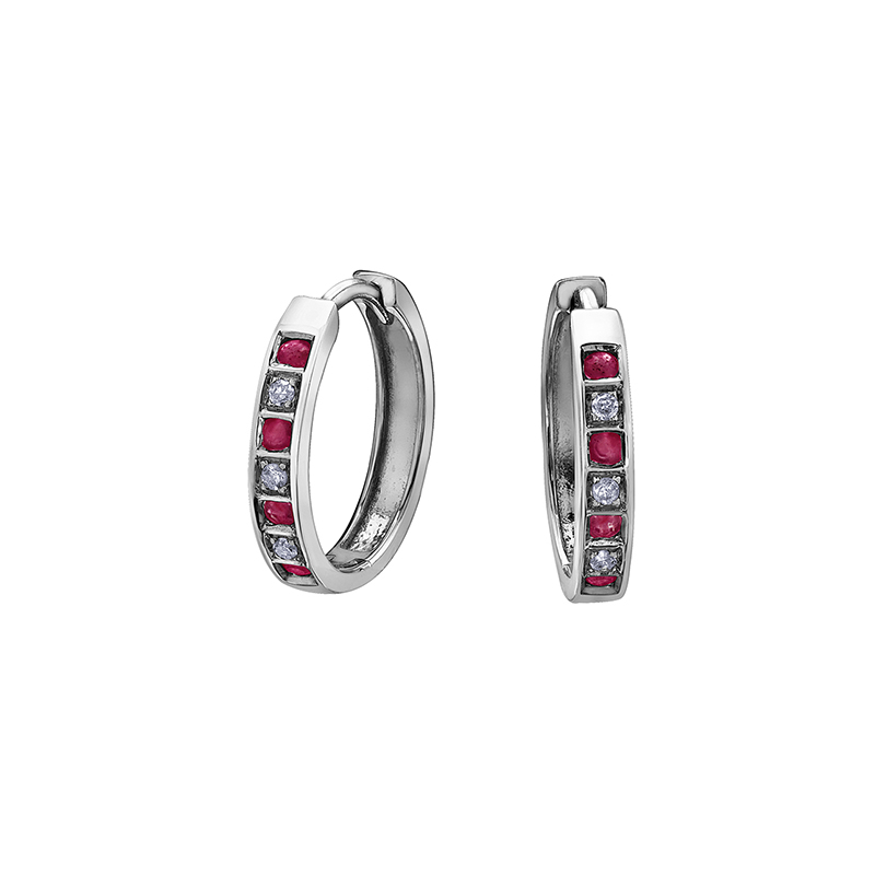 10K White Gold Ruby & Diamond Huggies