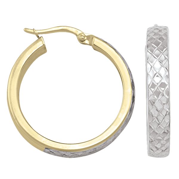 10K Yellow & White Gold Diamond Cut Hoops