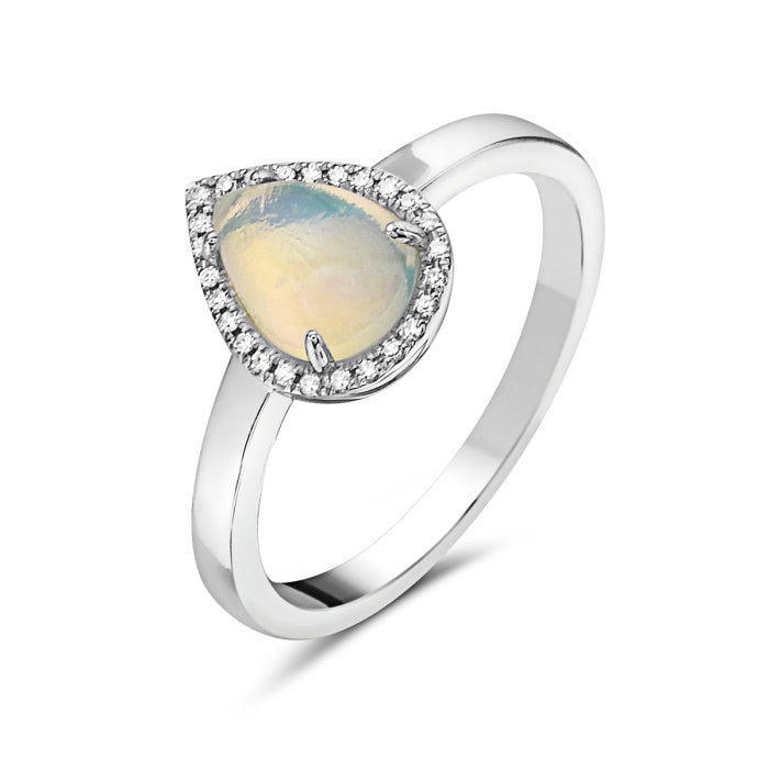14K White Gold Opal Diamond Halo Ring